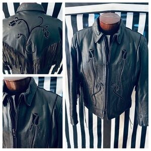B.I.E. Custom Leather Coats Vintage Fringe Jacket w/ Black Suede Inlaid Roses